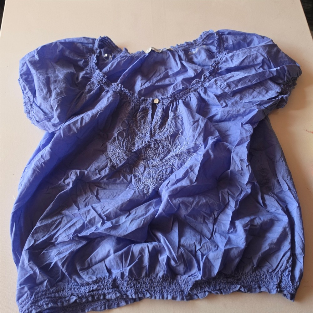 St. Johns Bay Womens Periwinkle Blue Embroidered Cotton Peasant Blouse PXL